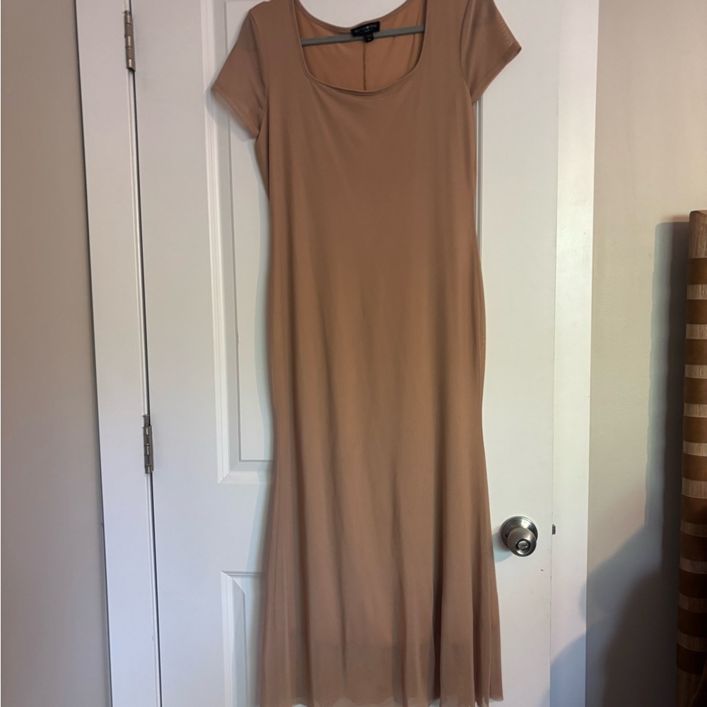 See You Monday Brown Sheath Maxi Dress Scoop Neck Short Sleeve